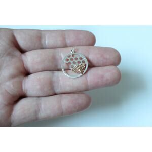 Sterling Silver Honeycomb and Bee Charm in Circle,  Honeycomb Bee Charm Circle